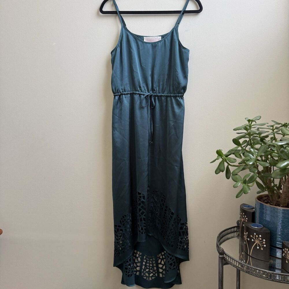 Rory Beca Green Satin Dress Teal Cutout High Low Dress Size Medium